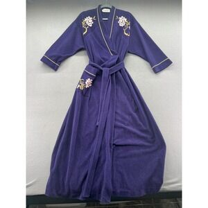 VTG Vanity Fair Robe Sz M Purple Velour Floral Embroidered Wrap Belted USA